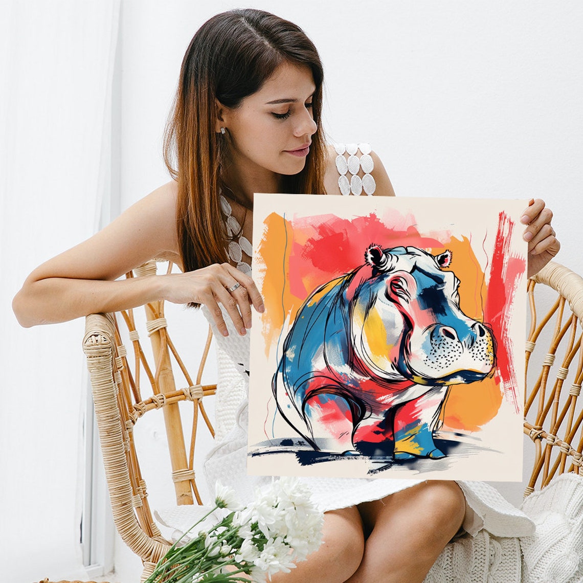 Colorful Hippo Watercolor Sketch Blue Pink Orange Wash Art Poster - Image 3
