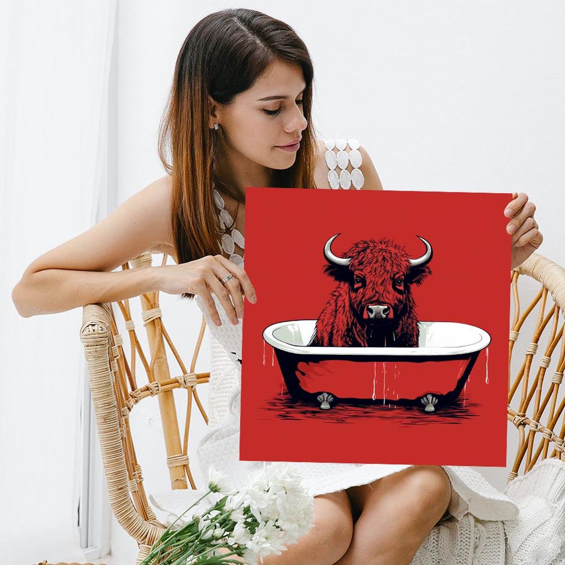 Highland Cow Relaxing in Clawfoot Tub Bold Red Funny Bathroom Poster - Image 3