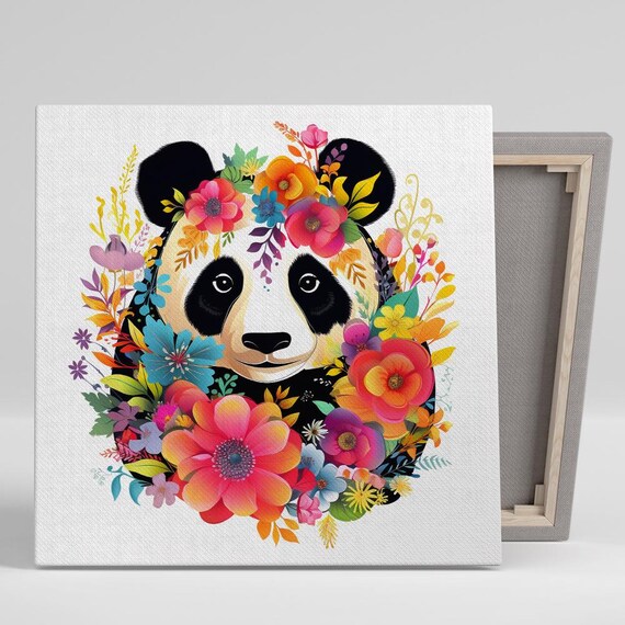 Panda Face With Colorful Floral Wreath Vibrant Botanical Wall Poster
