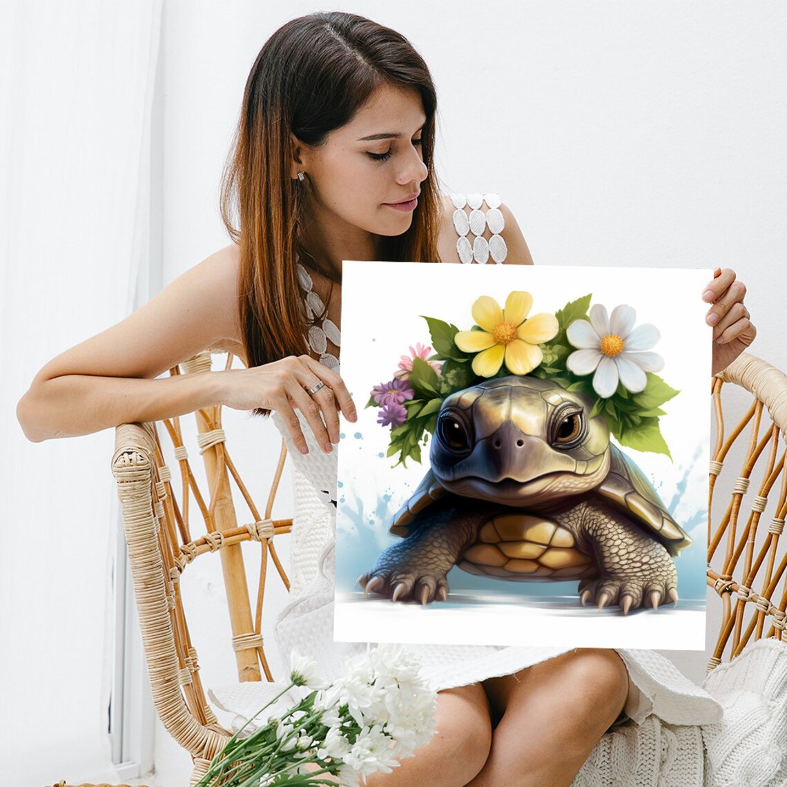 Cute Turtle Flower Crown Portrait Whimsical Nursery Watercolor Poster - Image 3
