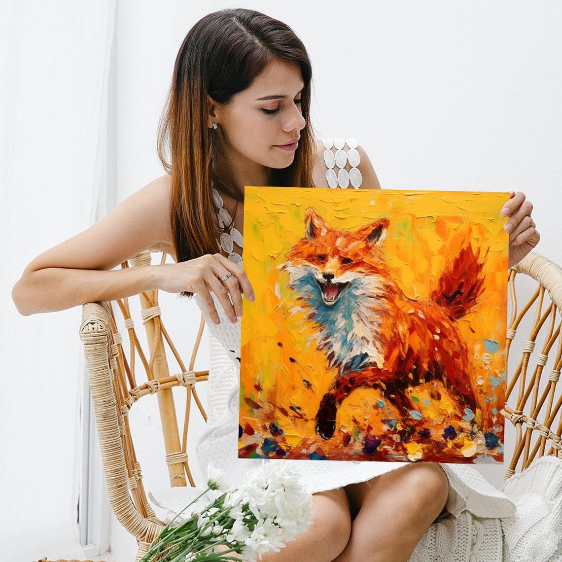 Joyful Fox Running Impasto Painting Orange Yellow Wild Wall Poster - Image 3