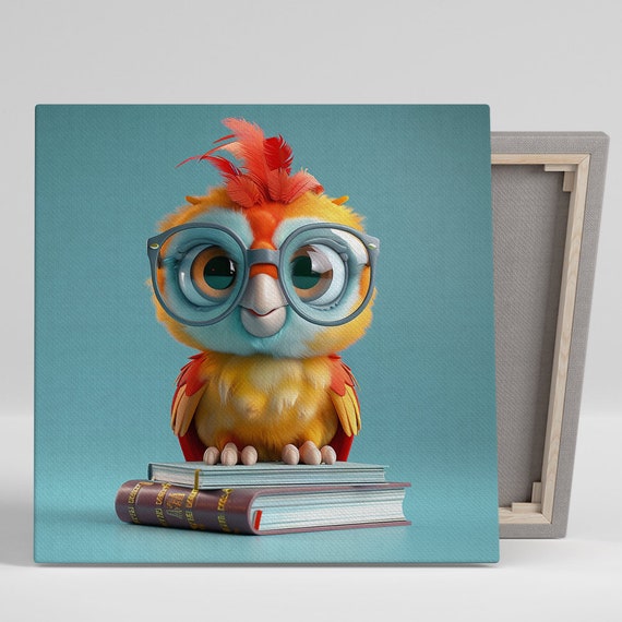 Spectacled Wisdom Owl Art Or Poster Whimsical Animal Decor Childrens Room Office Library Living Room Wall Art Orange Yellow Blue