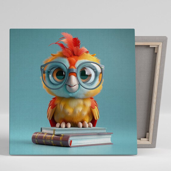 Wise Baby Owl Glasses Standing On Books Cute 3D Animal Poster