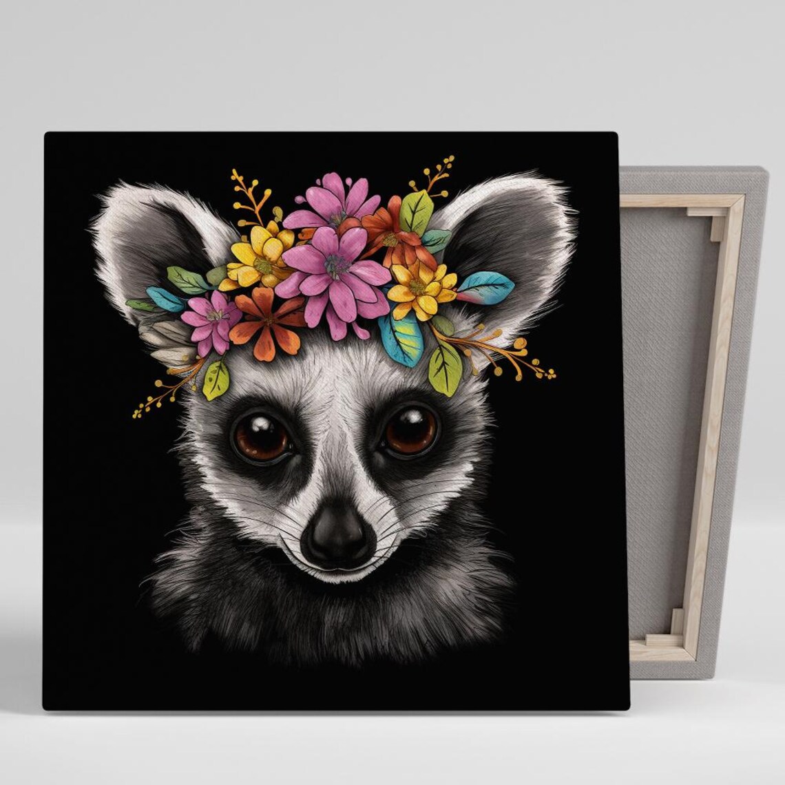 Lemur With Colorful Floral Crown On Black Background Art Poster