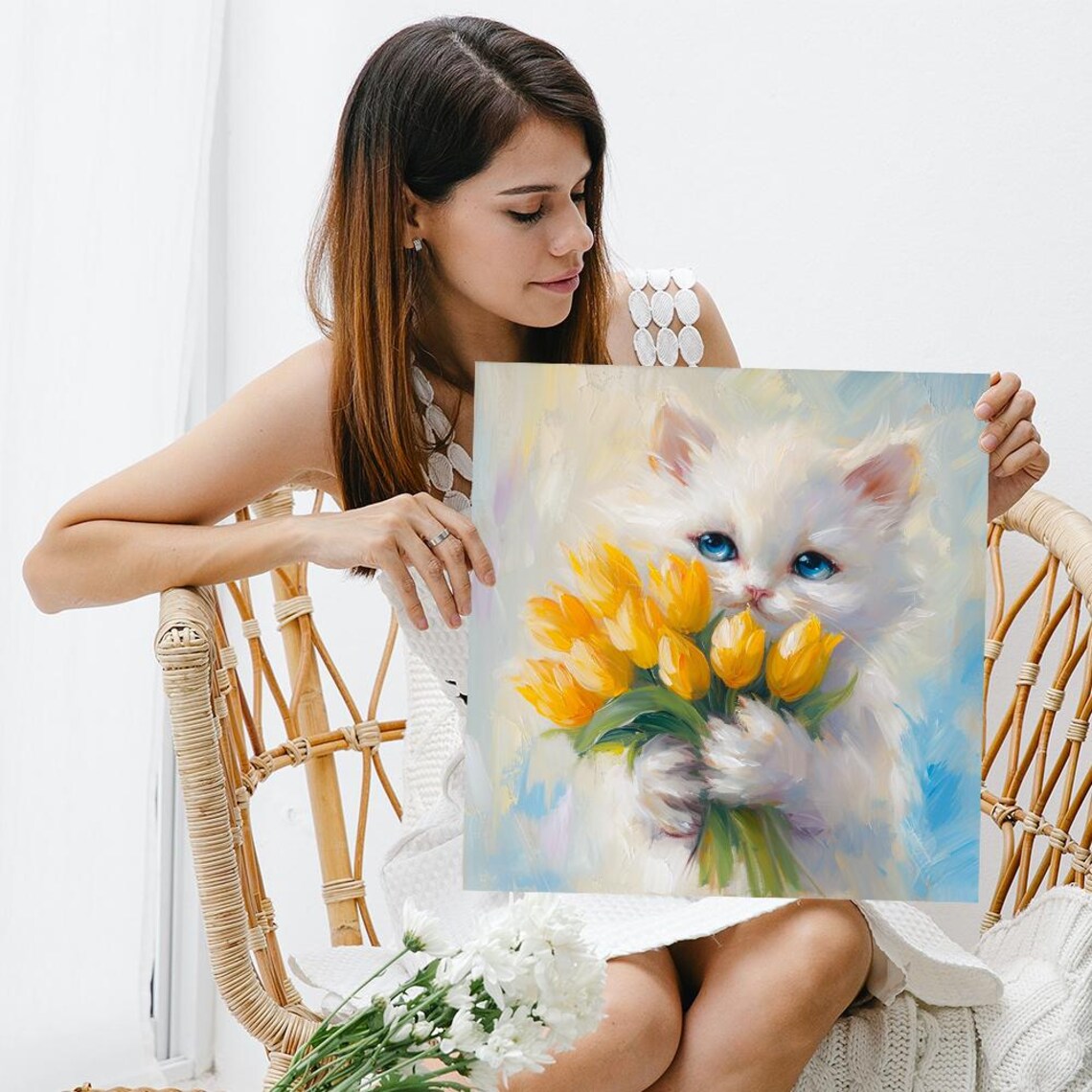 Tulip Loving Kitten Art Print, Whimsical Decor - Image 3