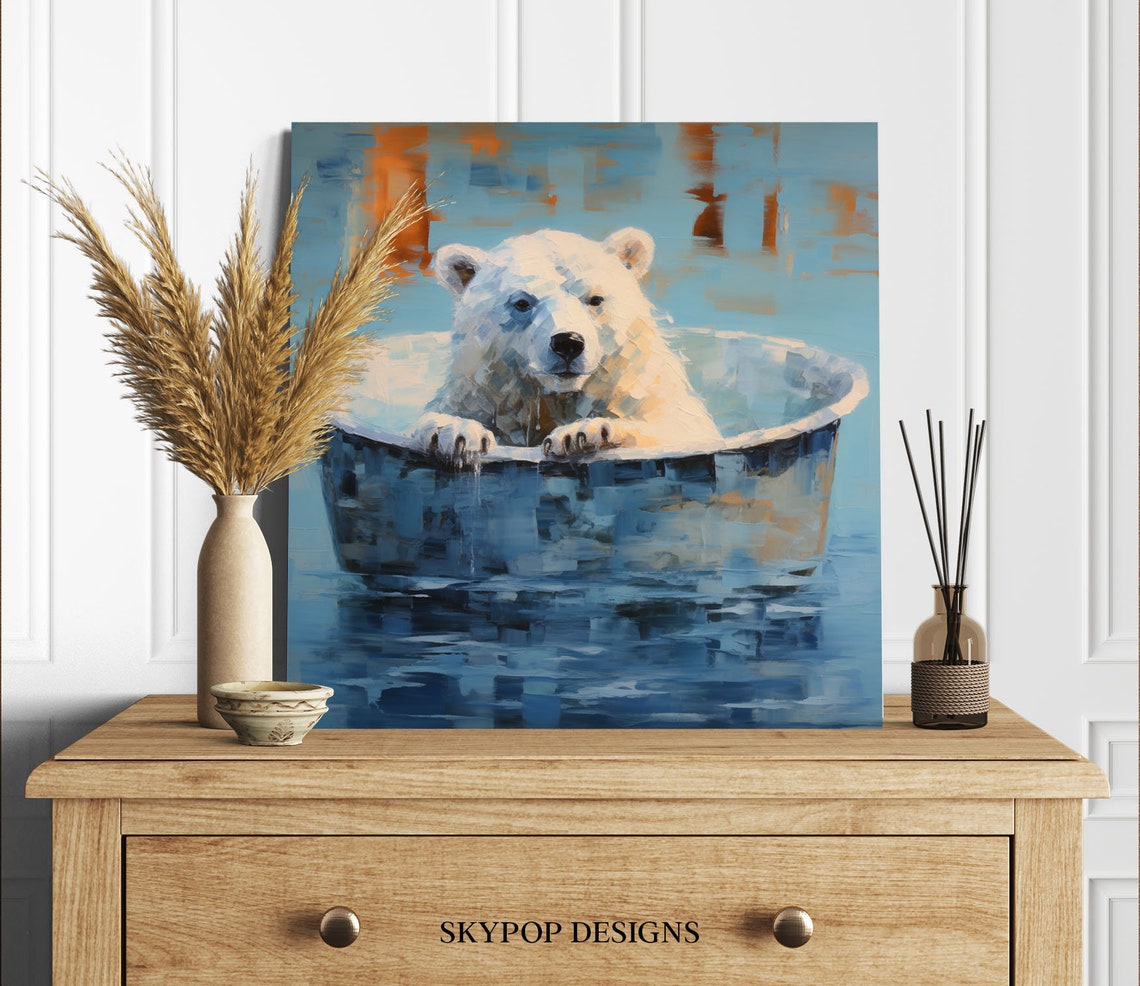 Polar Bear In Metal Washtub Painterly Blue Cute Wildlife Art Poster - Image 2