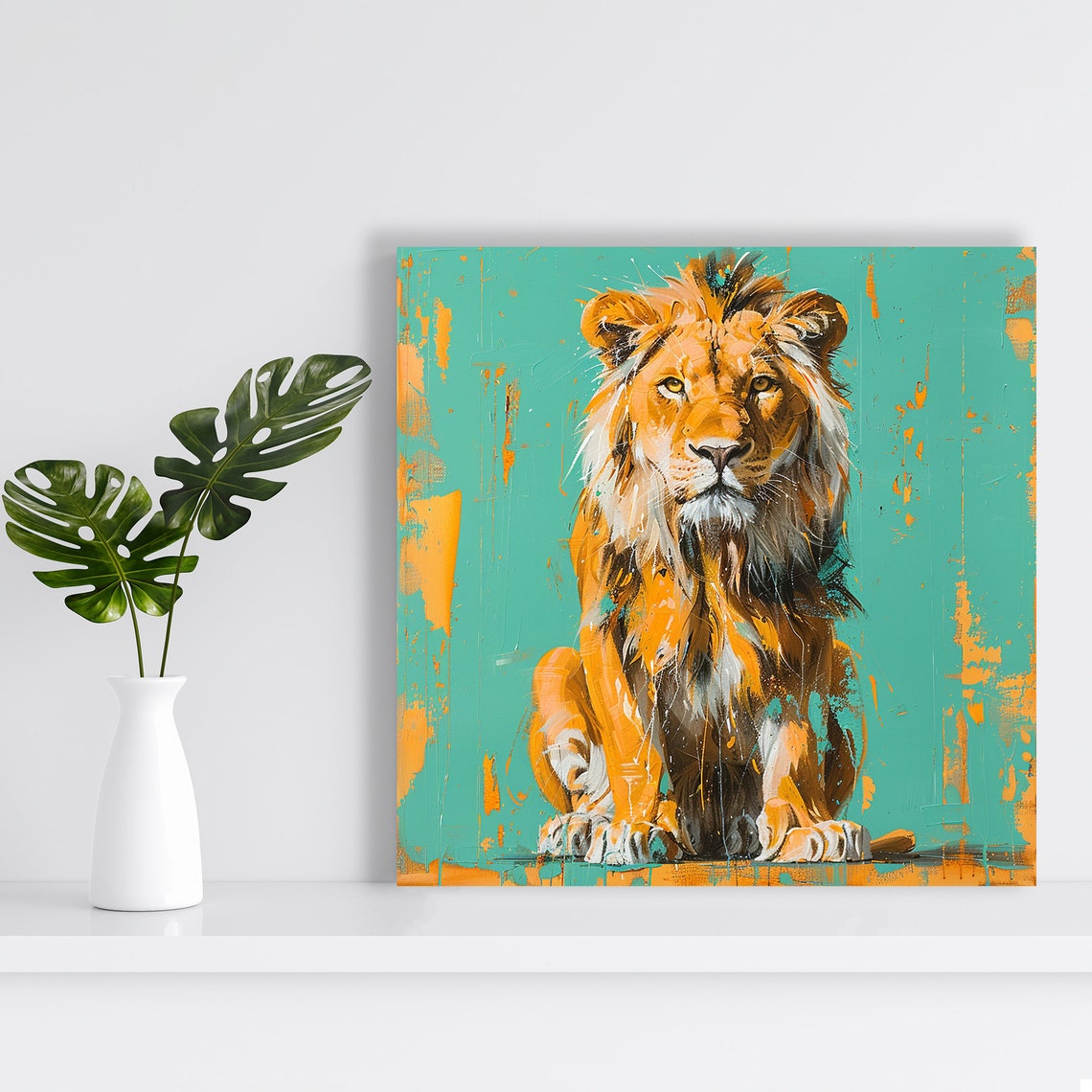 Regal Lion Paint Splash Teal Orange Modern Contemporary Art Poster - Image 2