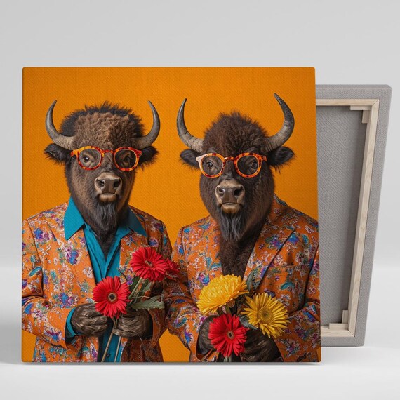 Hipster Bison Buddies Wall Art Or Poster Whimsical Animal Decor Living Room Office Game Room Wall Art Orange Brown Red Yellow