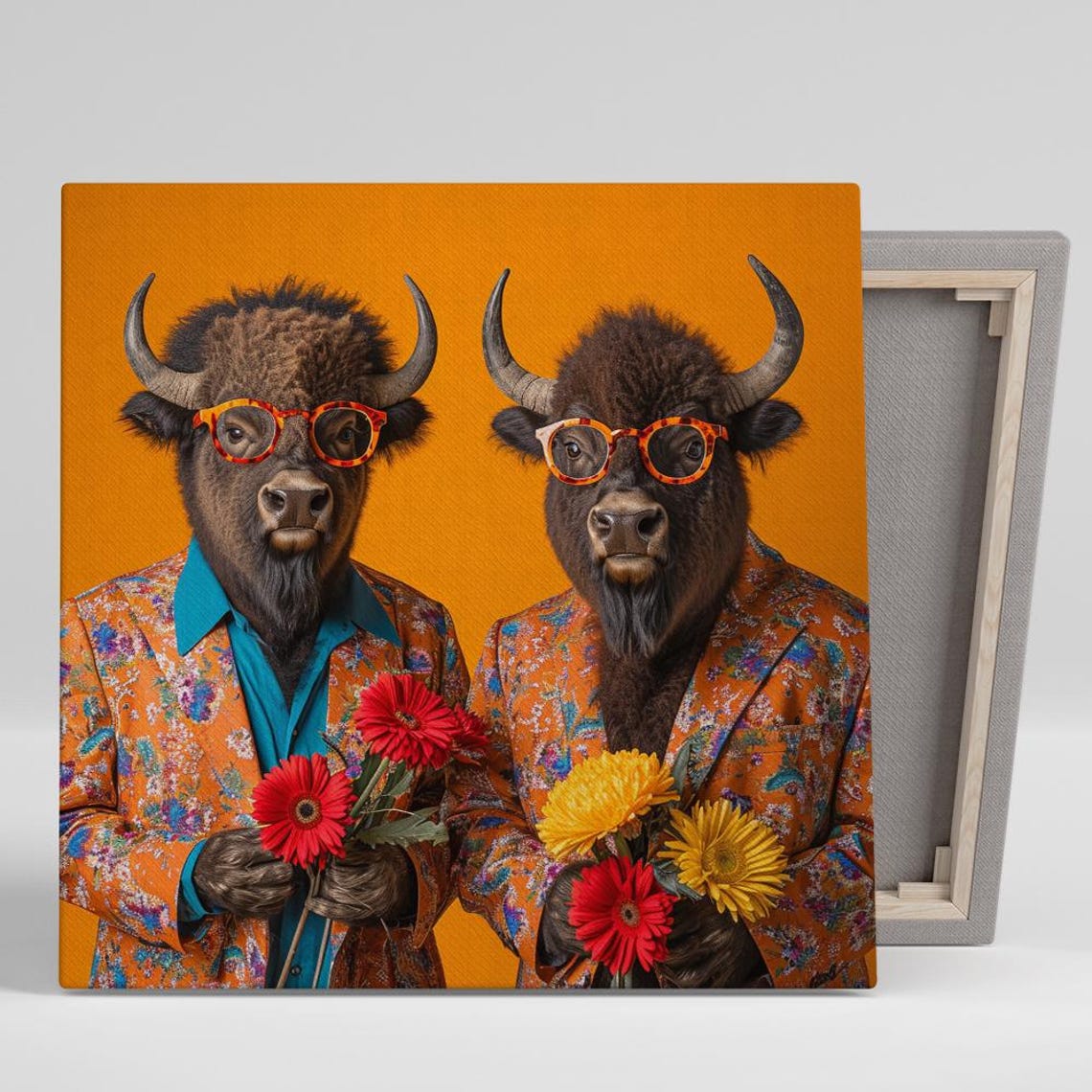Funny Bison Duo Suits Glasses Flowers Quirky Orange Wall Art Poster