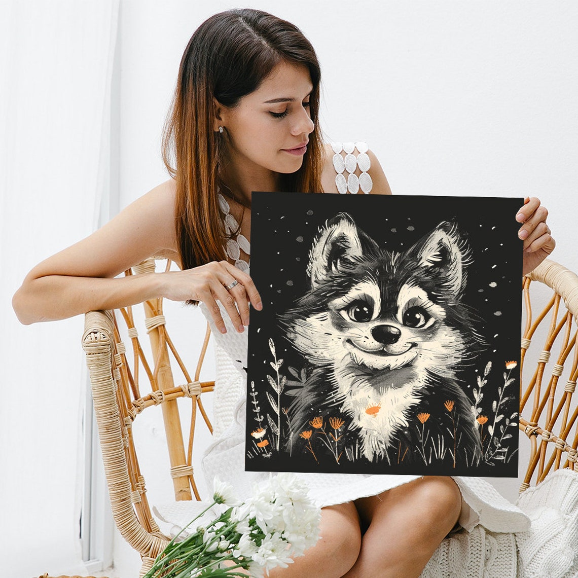 Cute Fox Pup Among Wildflowers Black Background Sketch Art Poster - Image 3