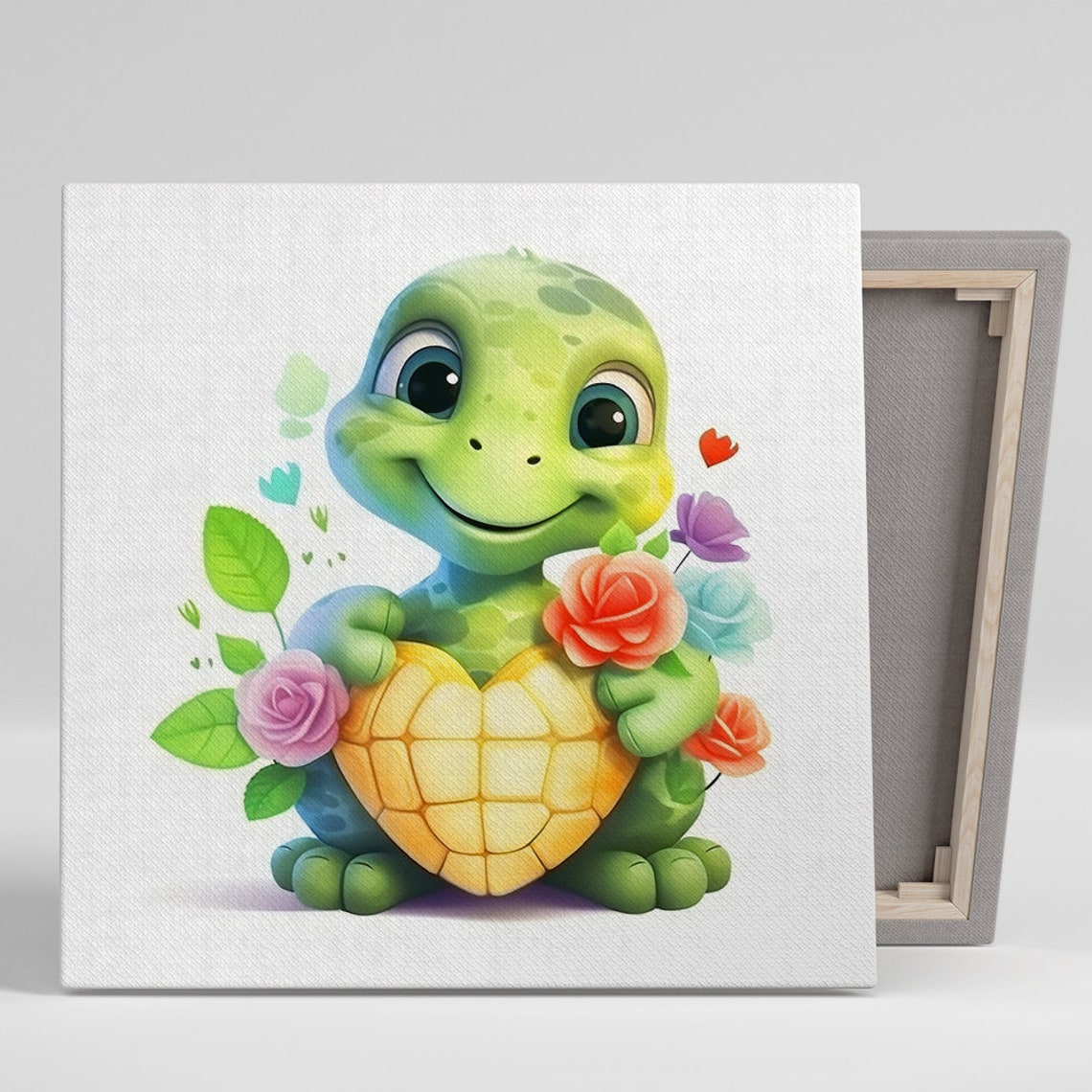 Baby Turtle Heart Shell Flowers Cute Nursery Whimsical Animal Wall Art