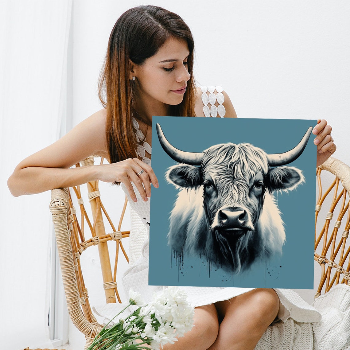 Highland Cow Portrait Grayscale on Teal Rustic Farmhouse Wall Poster - Image 3