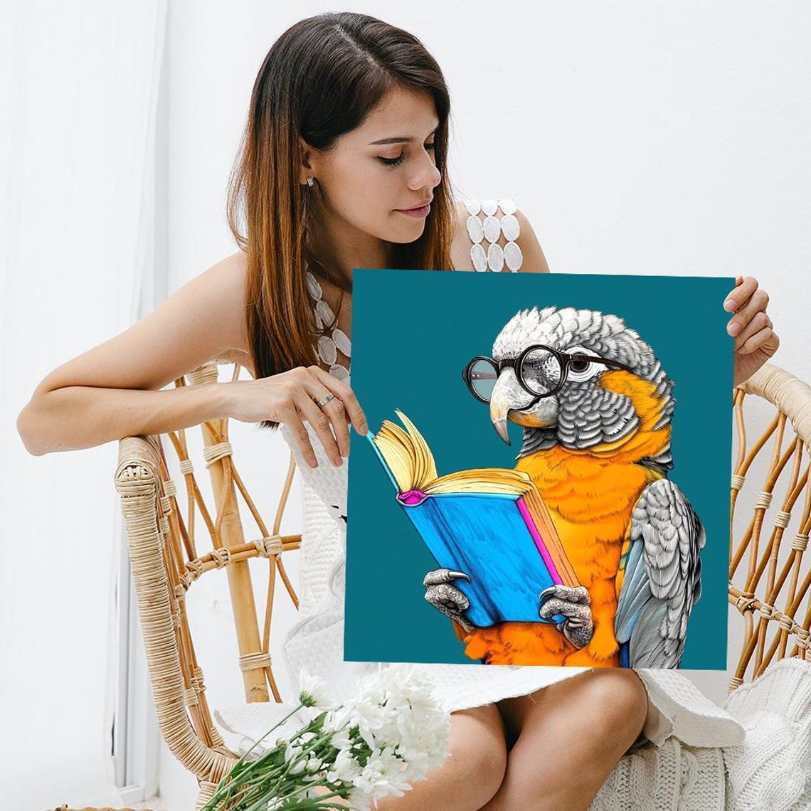 Parrot With Round Glasses Reading A Book On Teal Background Poster - Image 3