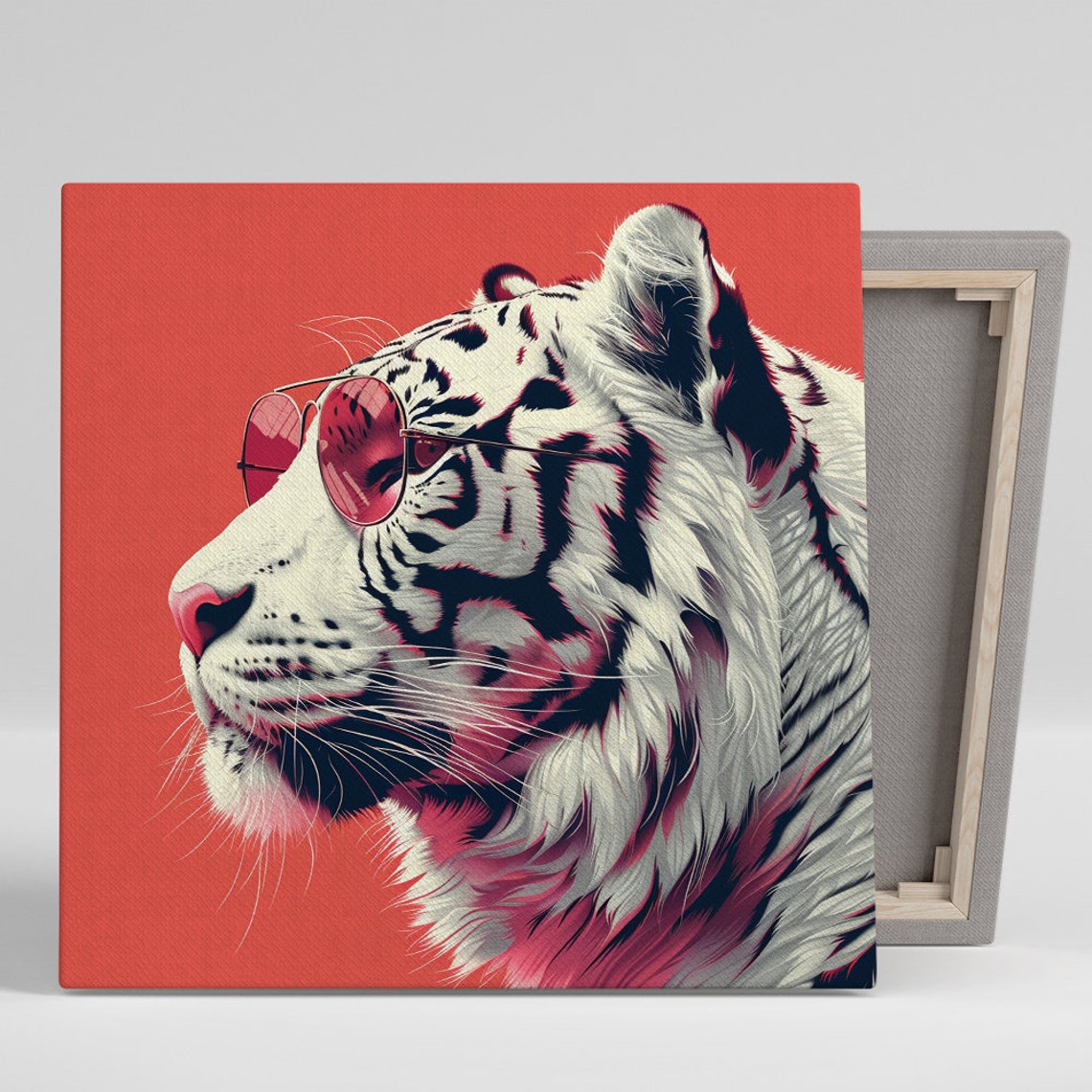White Tiger Pink Sunglasses Pop Art Portrait Red Background Poster