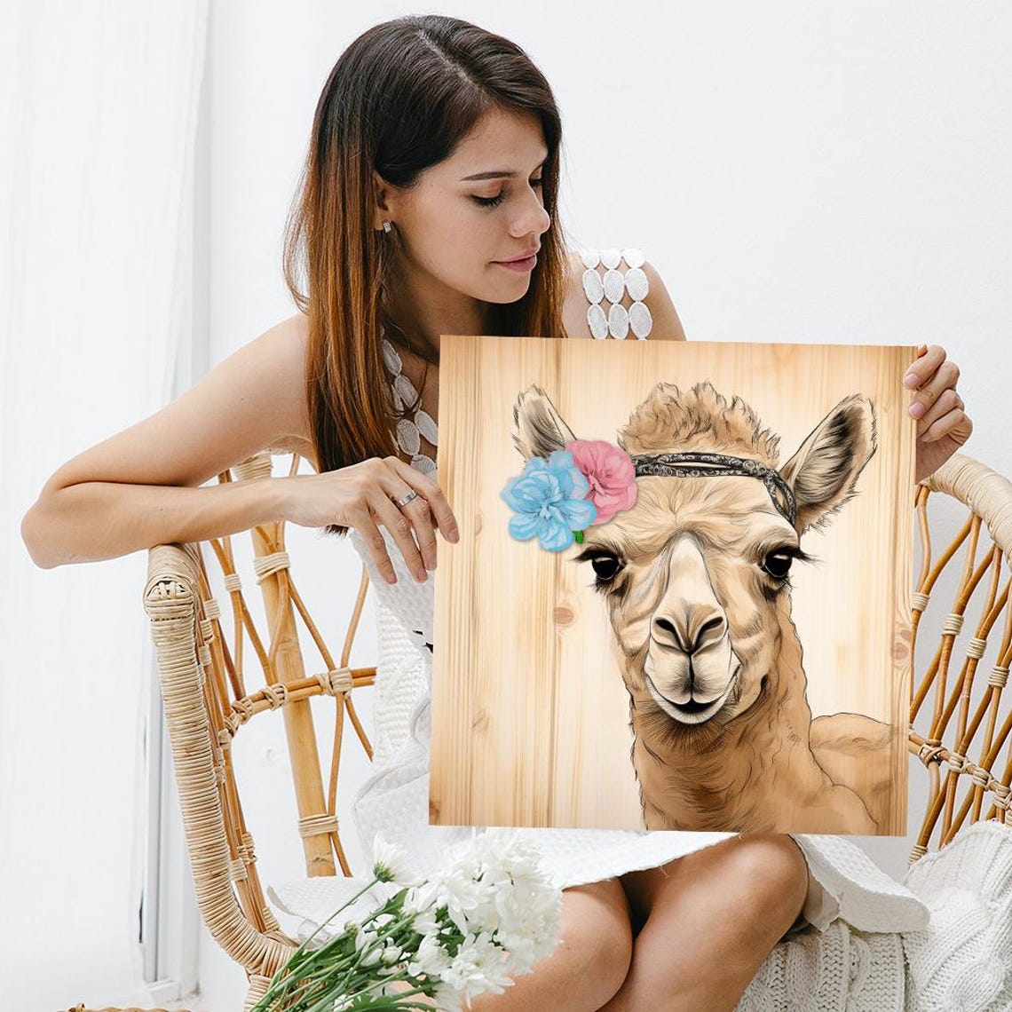 Bohemian Alpaca Flower Crown Smile Wood Background Animal Art Poster - Image 3
