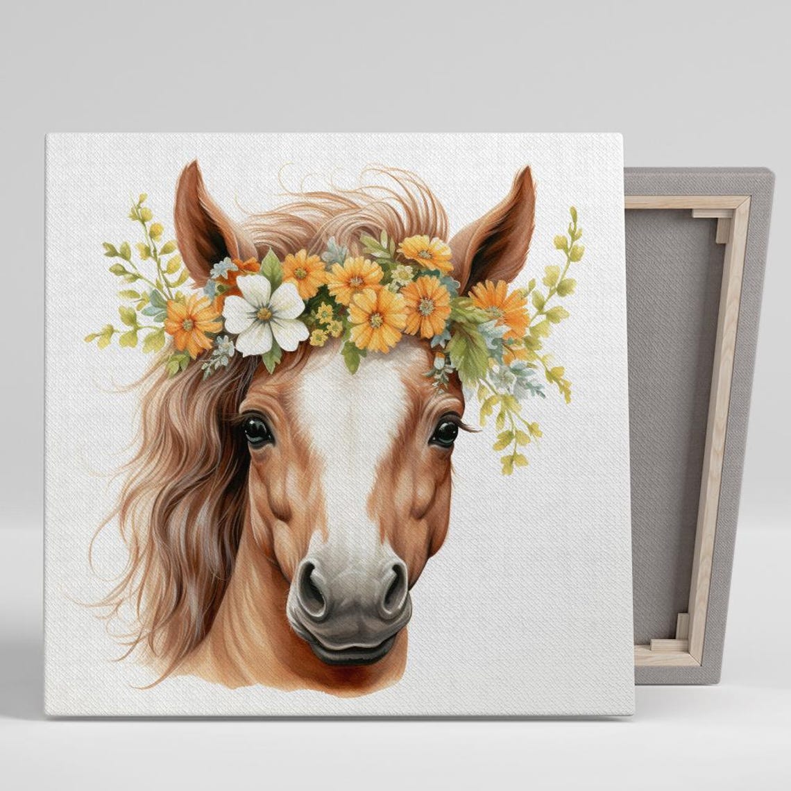Chestnut Horse With Orange Floral Crown Watercolor Farmhouse Poster