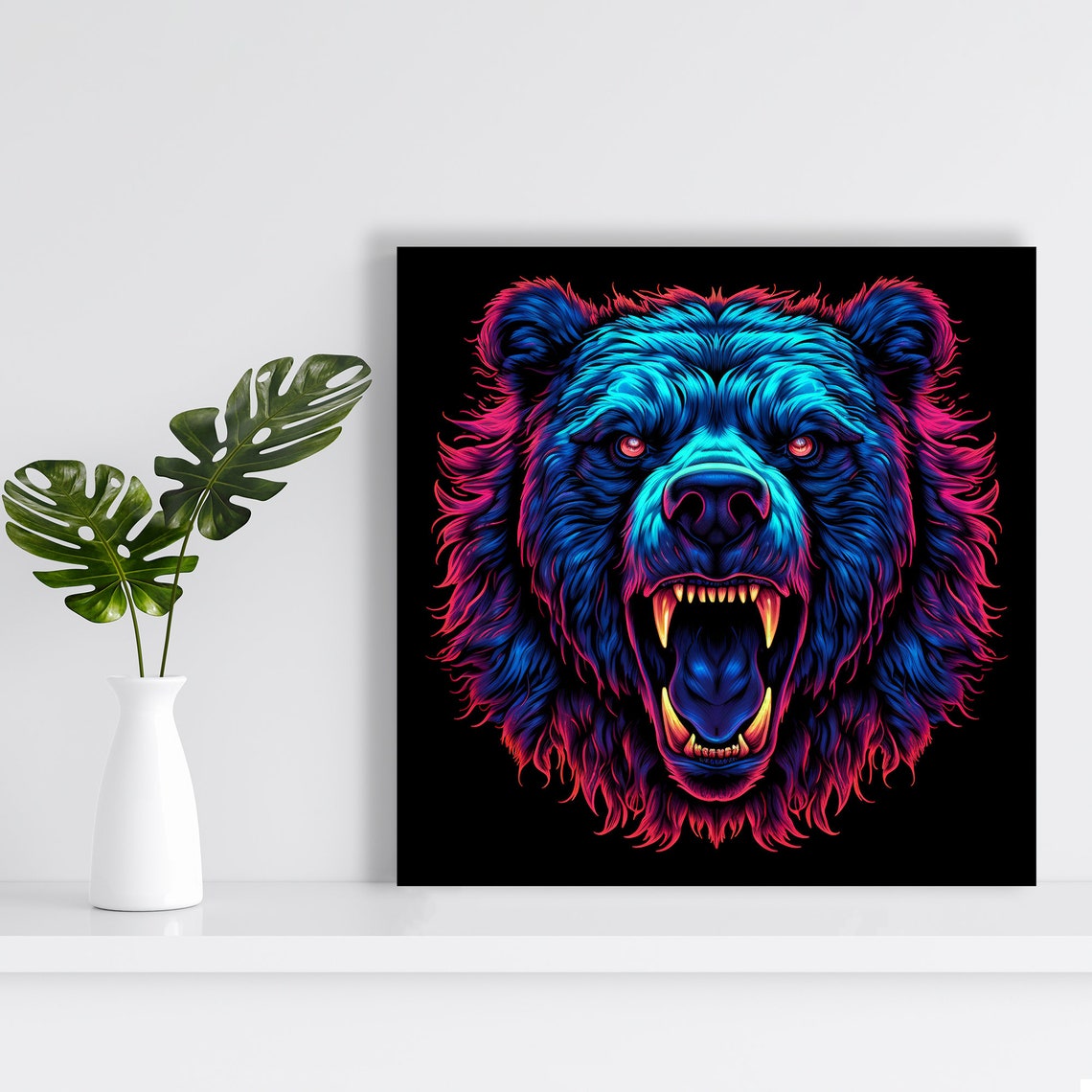 Neon Bear Head Poster Blue Pink Glow Fierce Game Room Animal Decor - Image 2