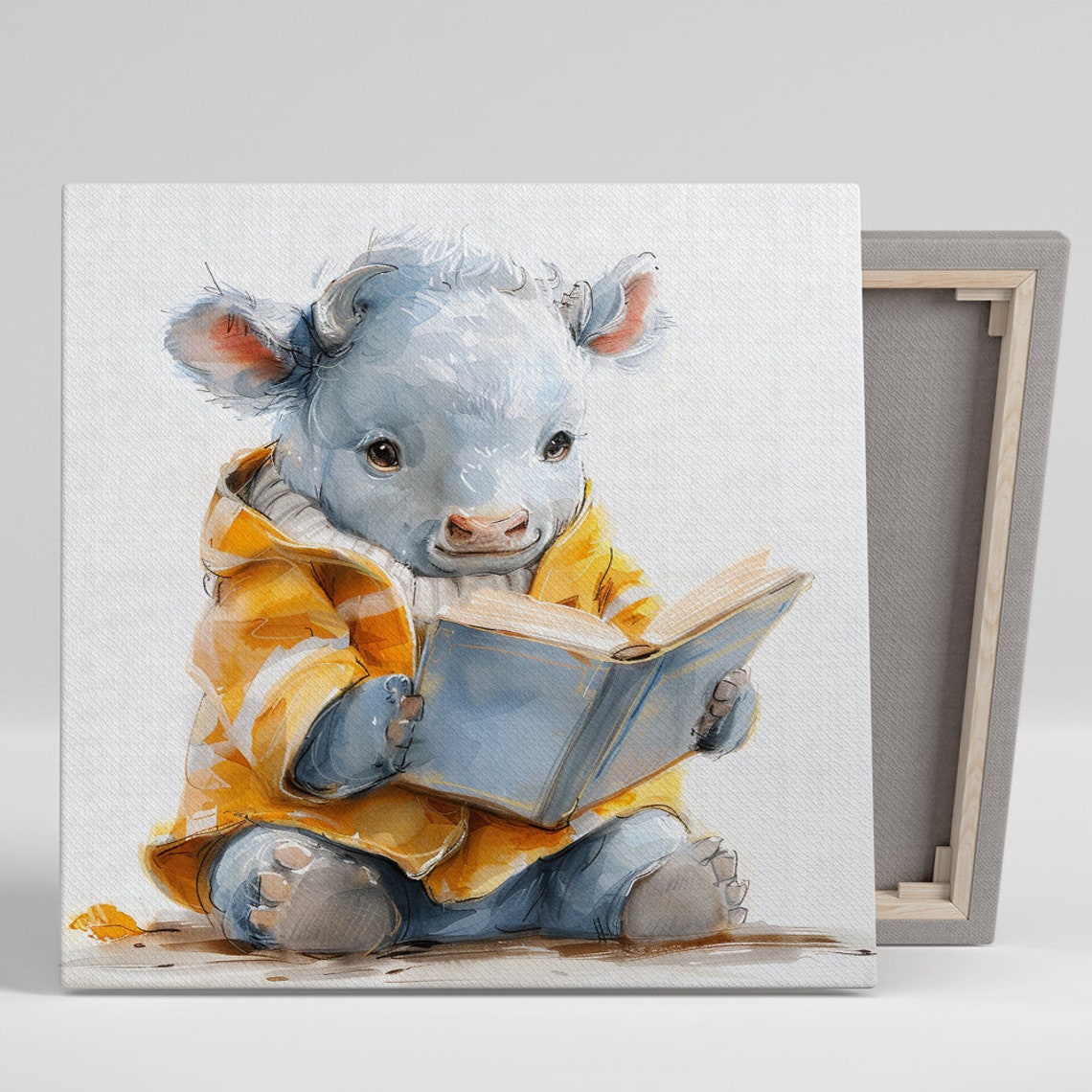 Cute Baby Calf In Yellow Jacket Reading Book Nursery Art Poster