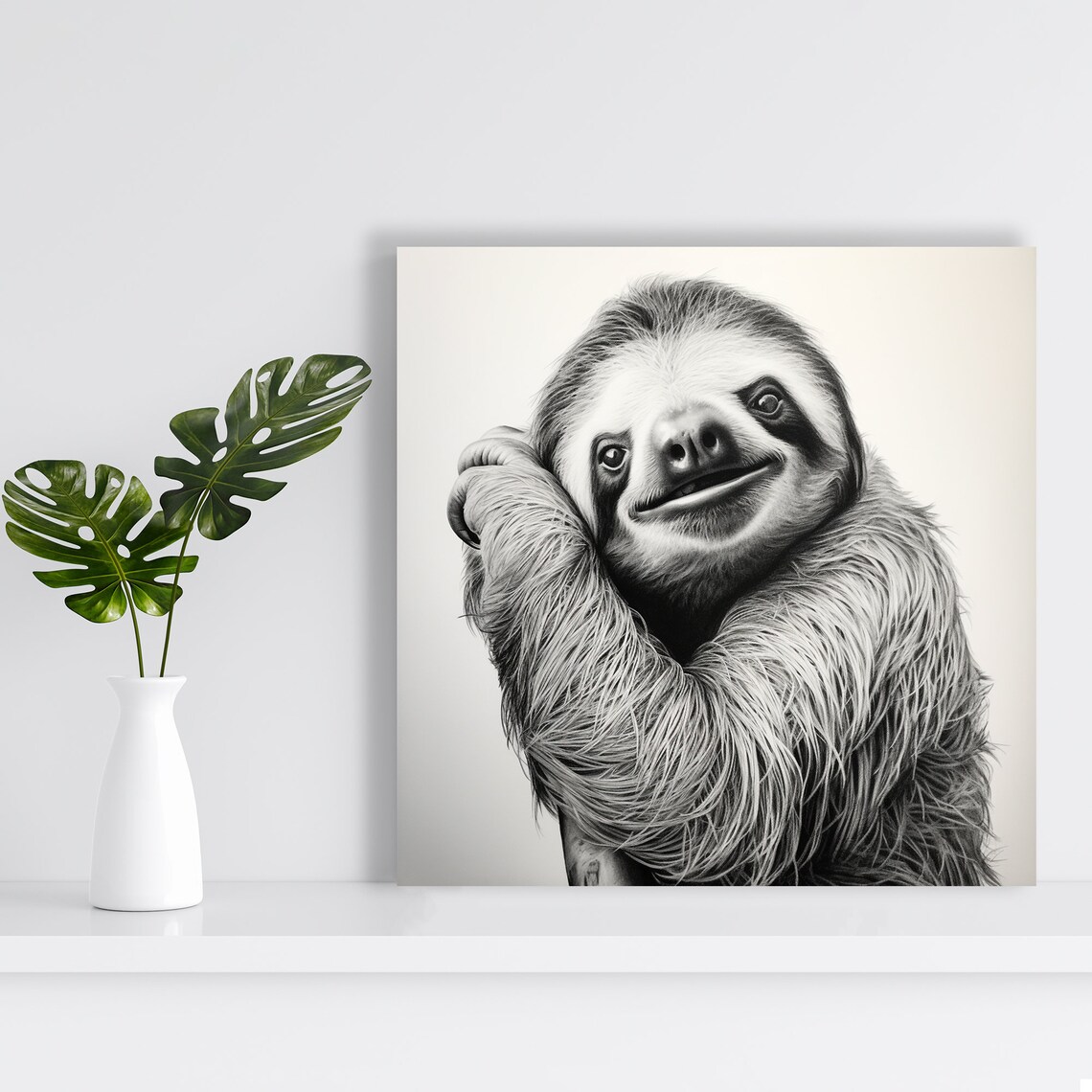 Smiling Sloth Portrait Black White Cute Happy Face Minimalist Animal Art - Image 2