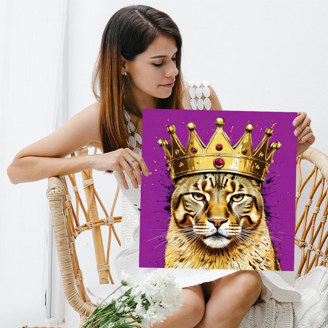 Regal Cat Wearing Golden Crown Purple Background Glam Animal Wall Art Poster - Image 3