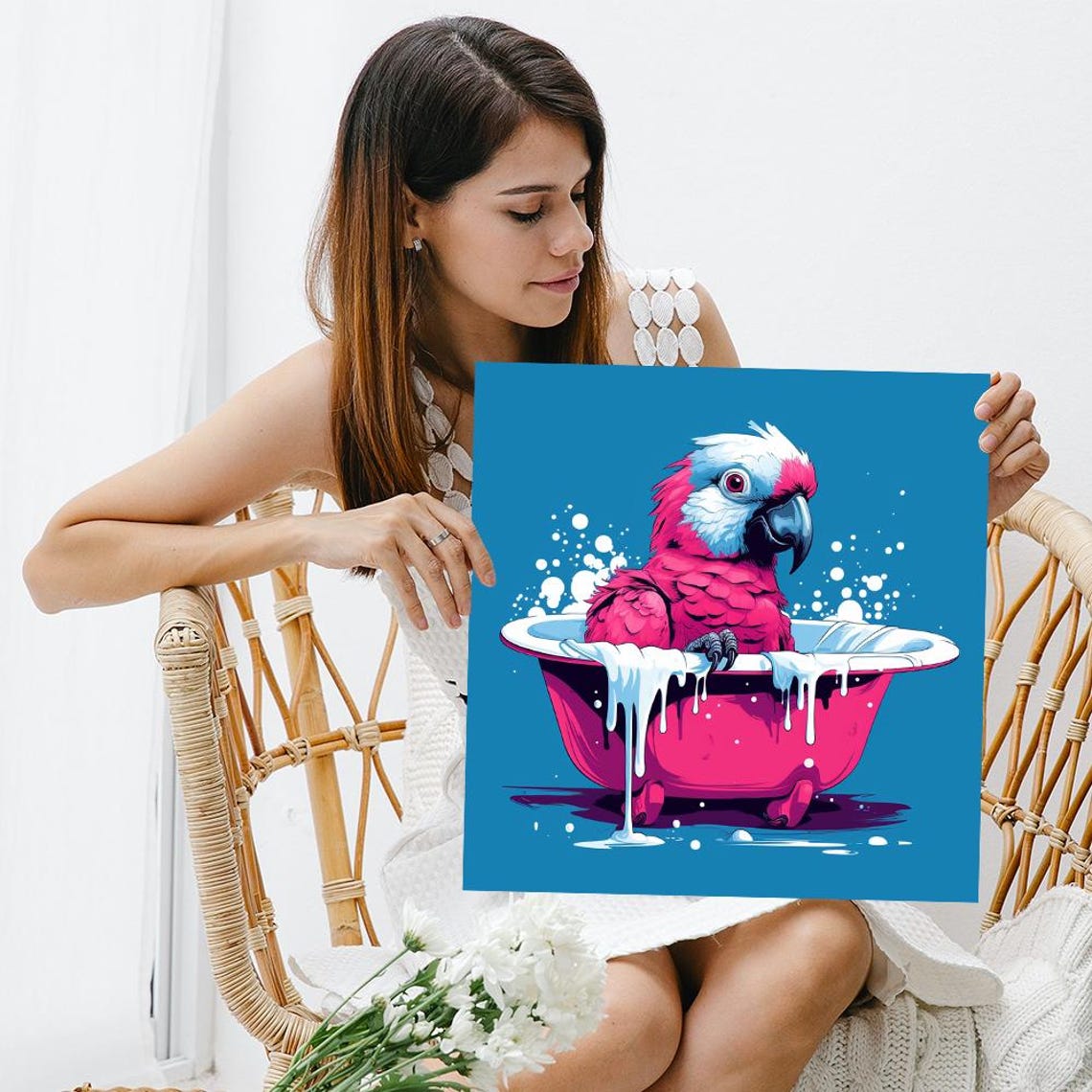 Pink Parrot Bubble Bath Splash Fun Blue Pop Whimsical Bird Art Poster - Image 3