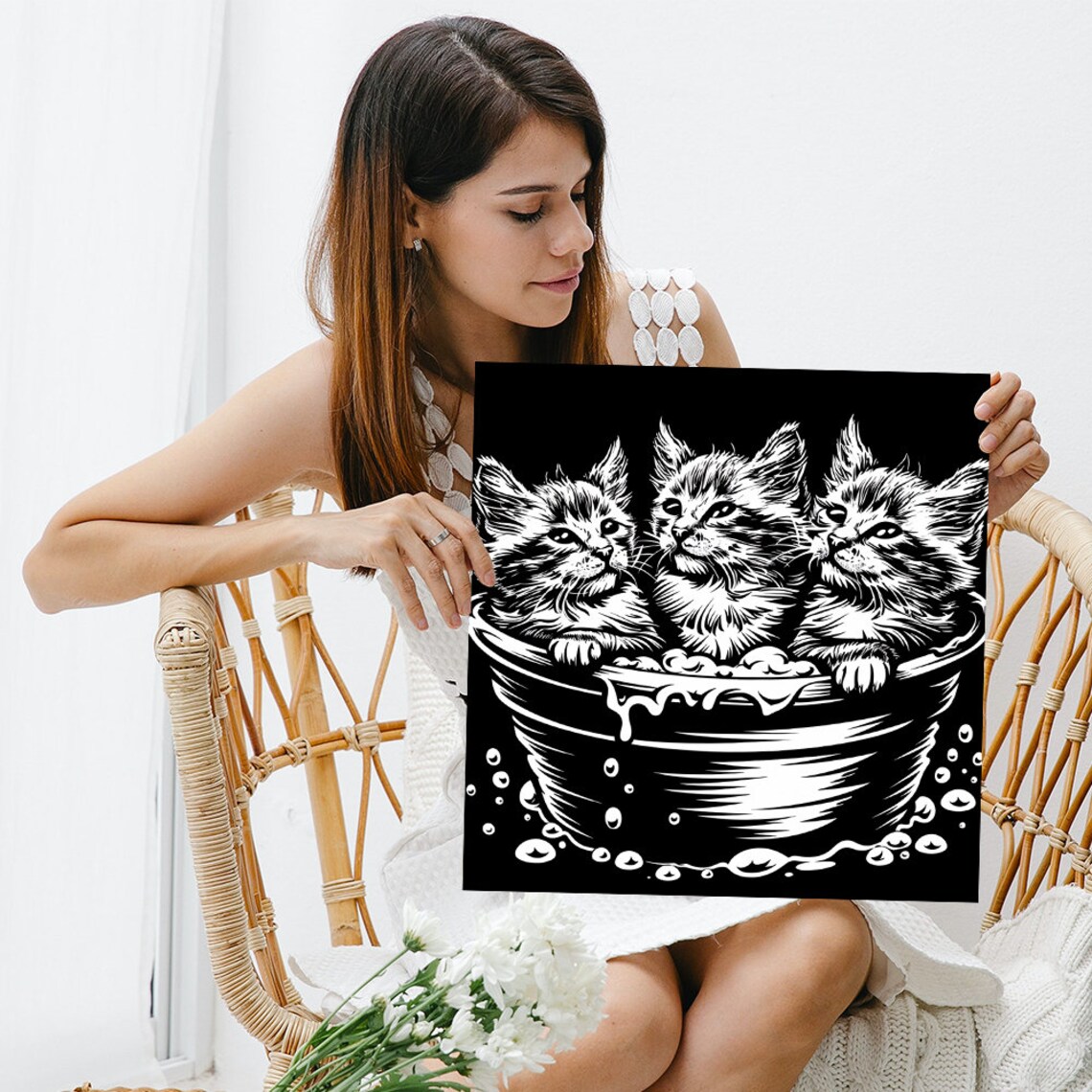 Trio Of Kittens Bath Time Black White Ink Bucket Cute Nursery Wall Poster - Image 3