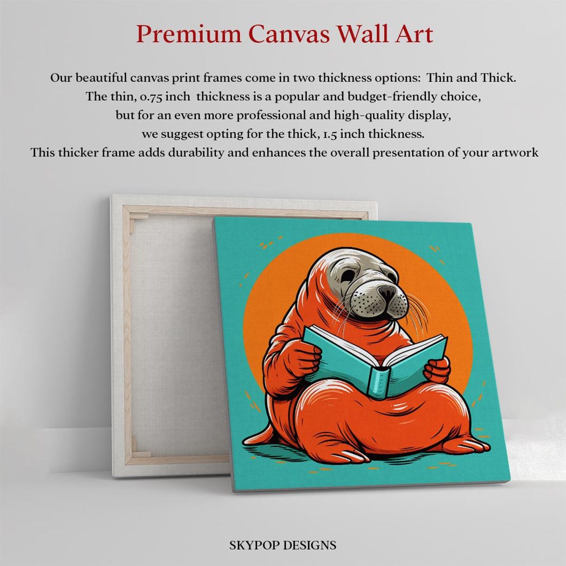 Bookworm Walrus Reading Book Whimsical Orange Teal Pop Animal Poster - Image 3