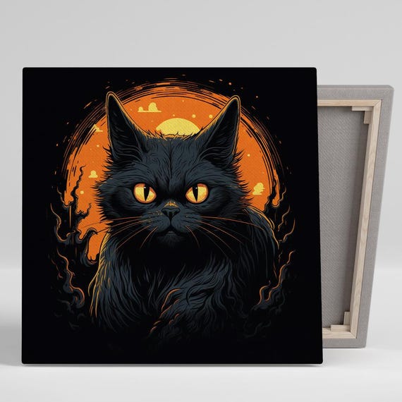 Celestial Cat Guardian Wall Art Or Poster Surrealism Gothic Decor Living Room Bedroom Game Room Wall Art Black Orange Yellow