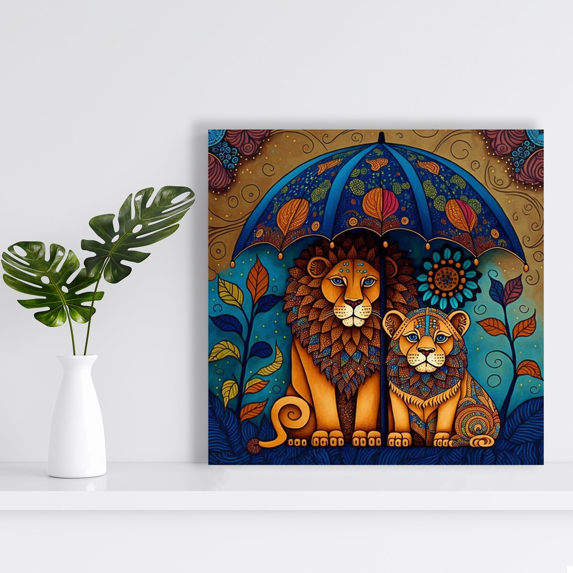 Majestic Lions Under Decorated Blue Umbrella Folk Art Style Poster - Image 2