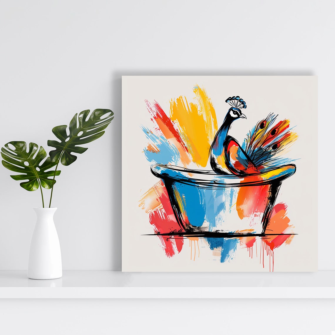 Whimsical Peacock Bathtub Splash Paint Cheerful Bathroom Wall Art - Image 2
