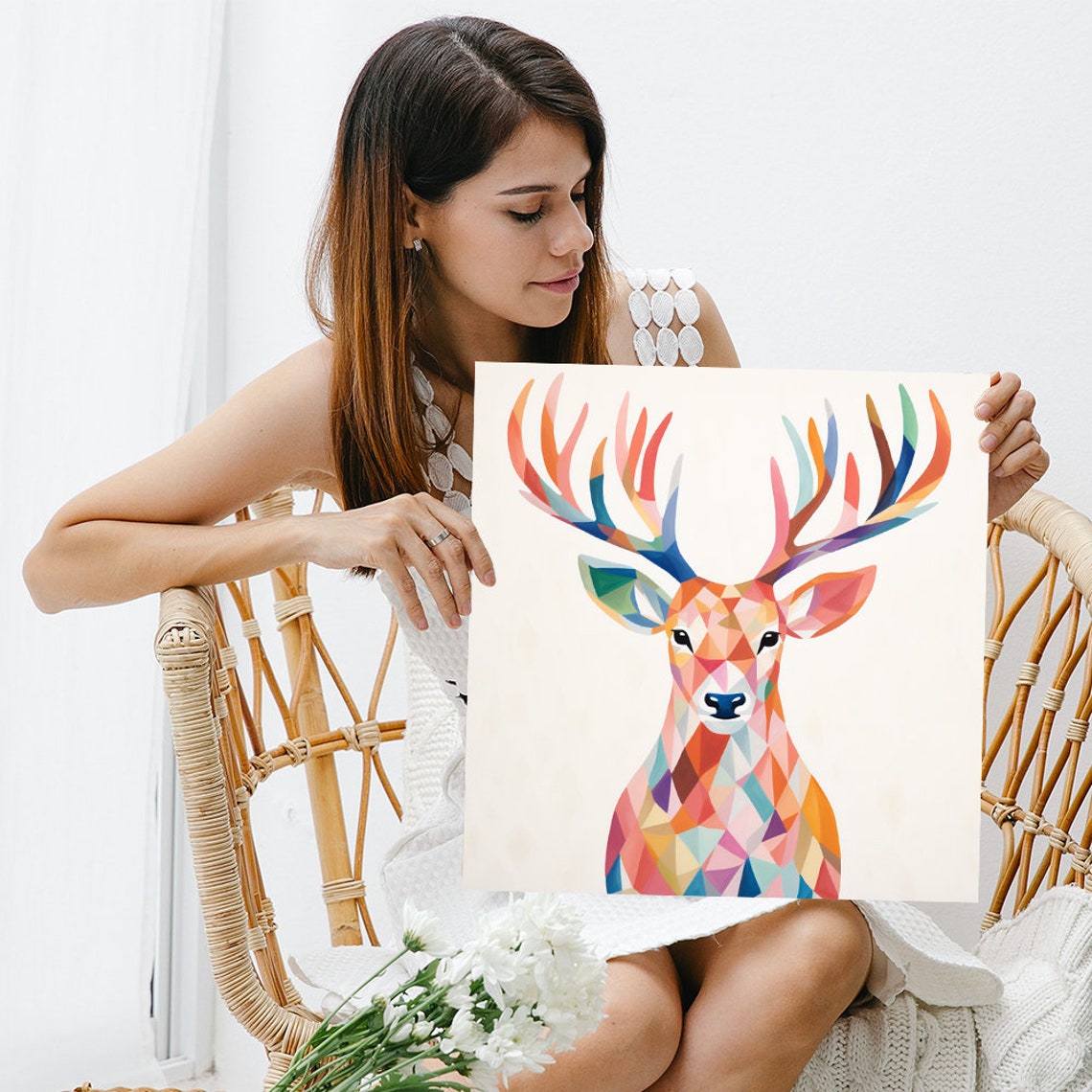 Geometric Deer Portrait Poster Rainbow Kaleidoscope Stag Art Decor - Image 3