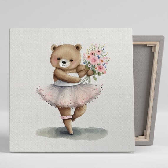 Ballerina Teddy Bear in Pink Tutu With Flowers Nursery Watercolor Poster