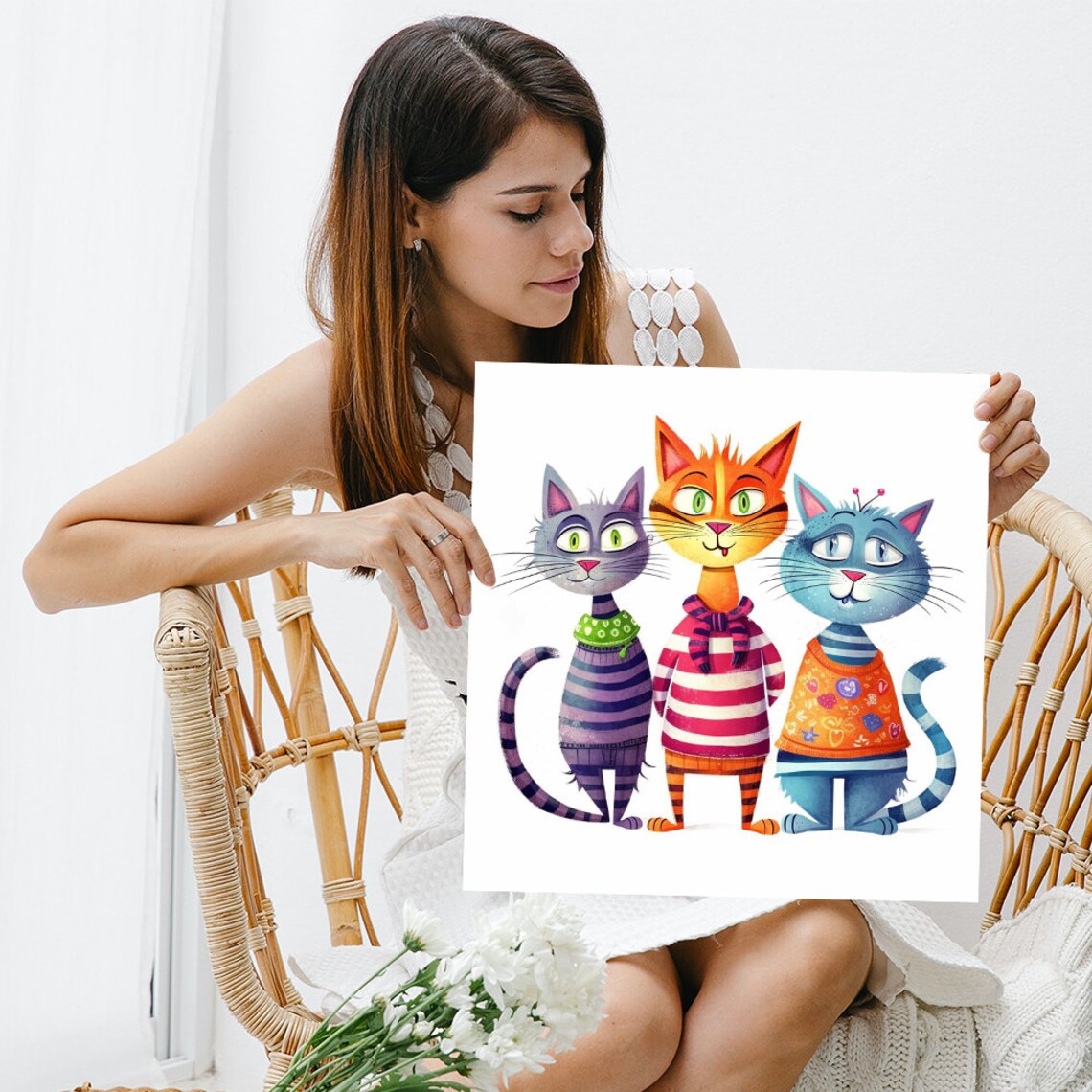 Three Cartoon Cats In Colorful Sweaters Whimsical Playful Nursery Art Poster - Image 3