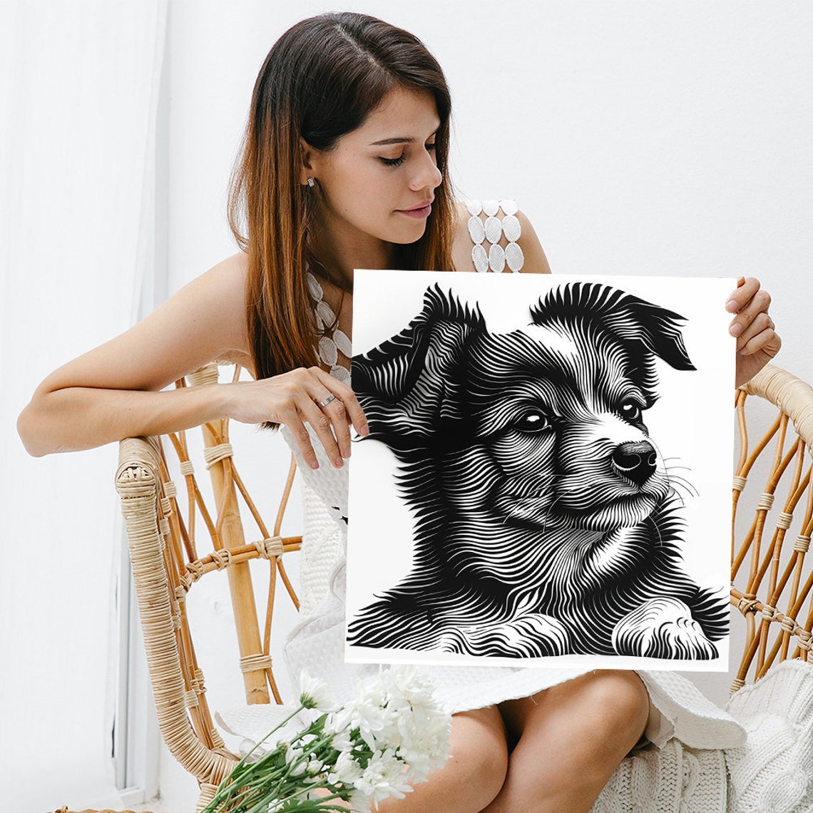 Striped Puppy Line Art Black White Engraved Detail Animal Wall Poster - Image 3