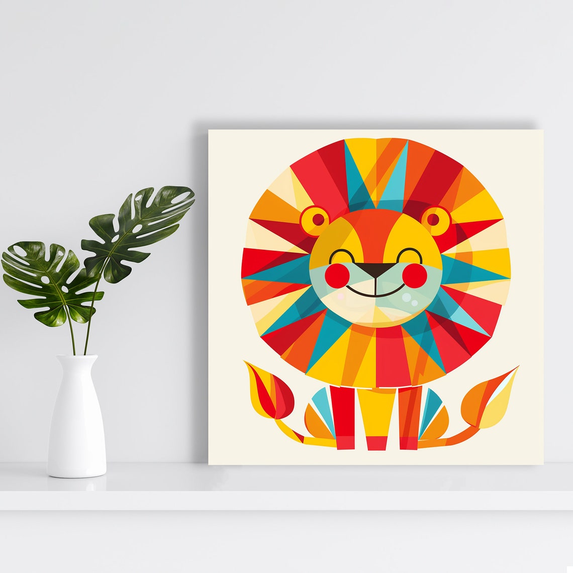 Geometric Lion Face Poster Sunburst Mane Rainbow Kids Animal Decor - Image 2