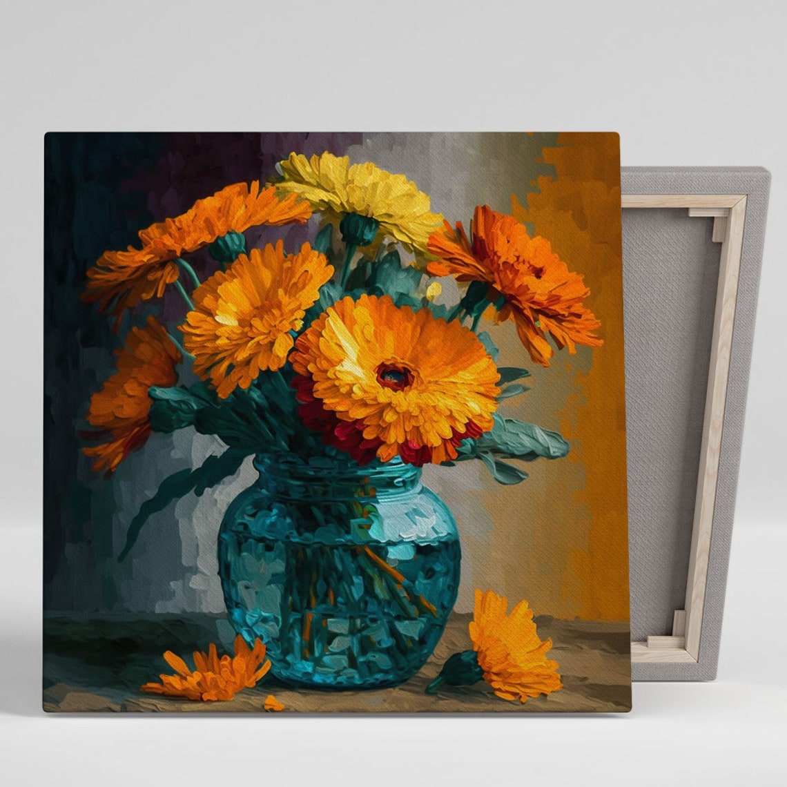 Orange Marigold Bouquet Blue Glass Jar Painterly Floral Wall Poster