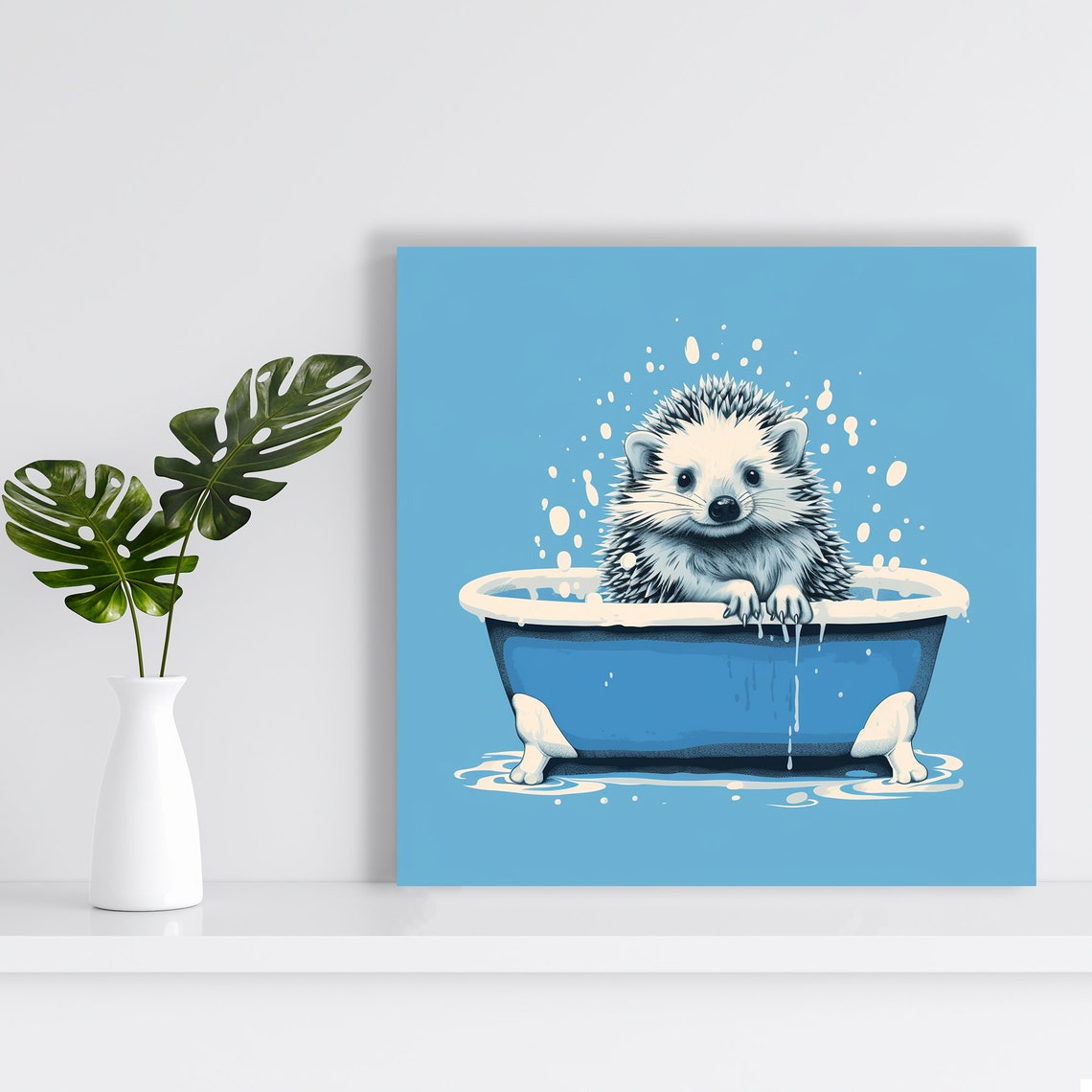Hedgehog Bath Time Blue Bathtub Bubbles Splashes Cute Nursery Poster - Image 2