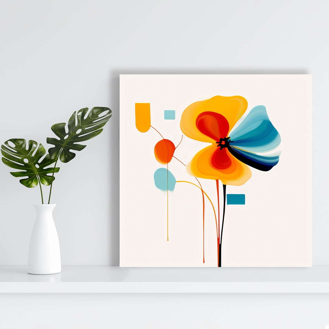 Pop Art Abstract Flower Yellow Teal Geometric Shapes Bright Poster - Image 2