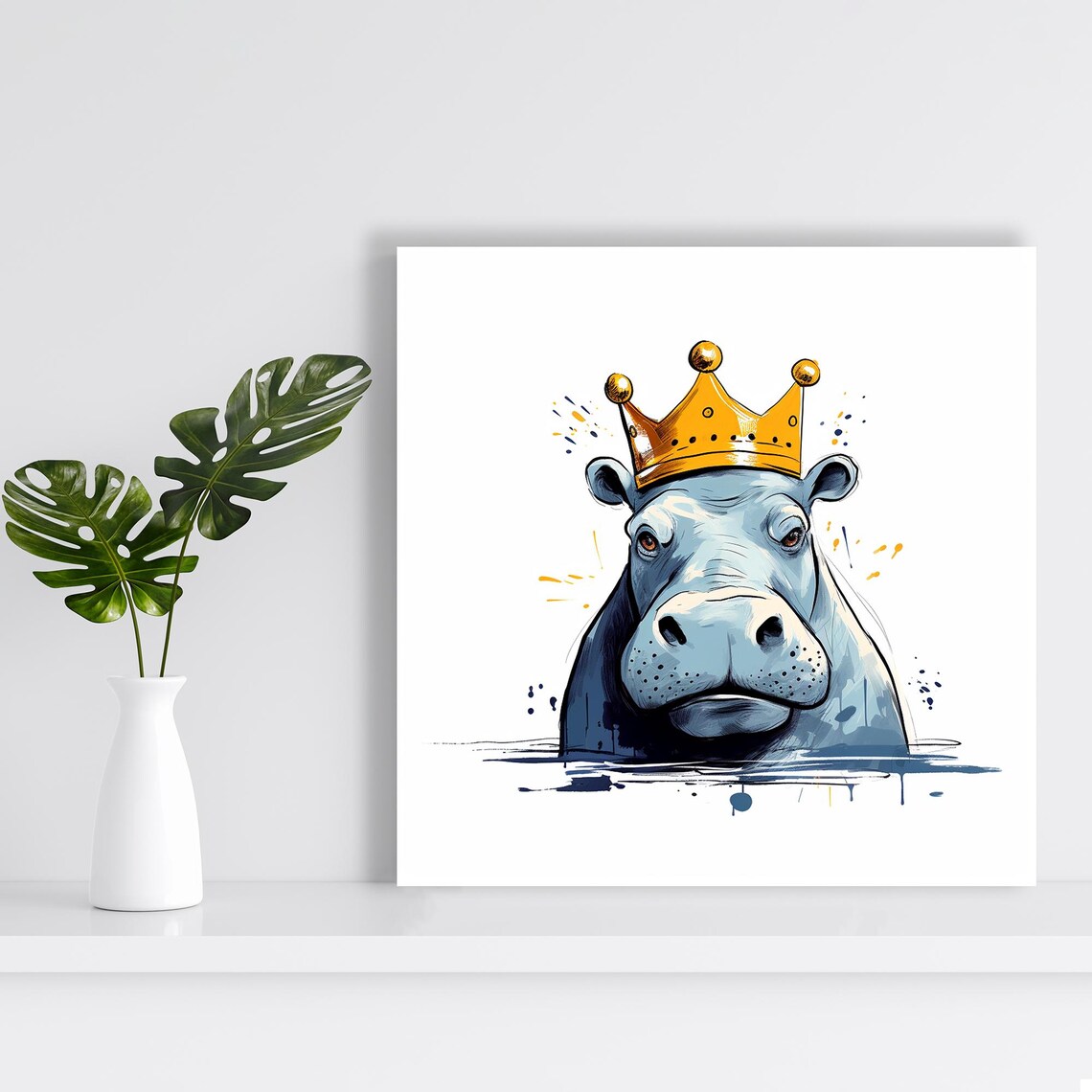 Royal Hippo Splash Art Print, Whimsical Animal Decor - Image 2