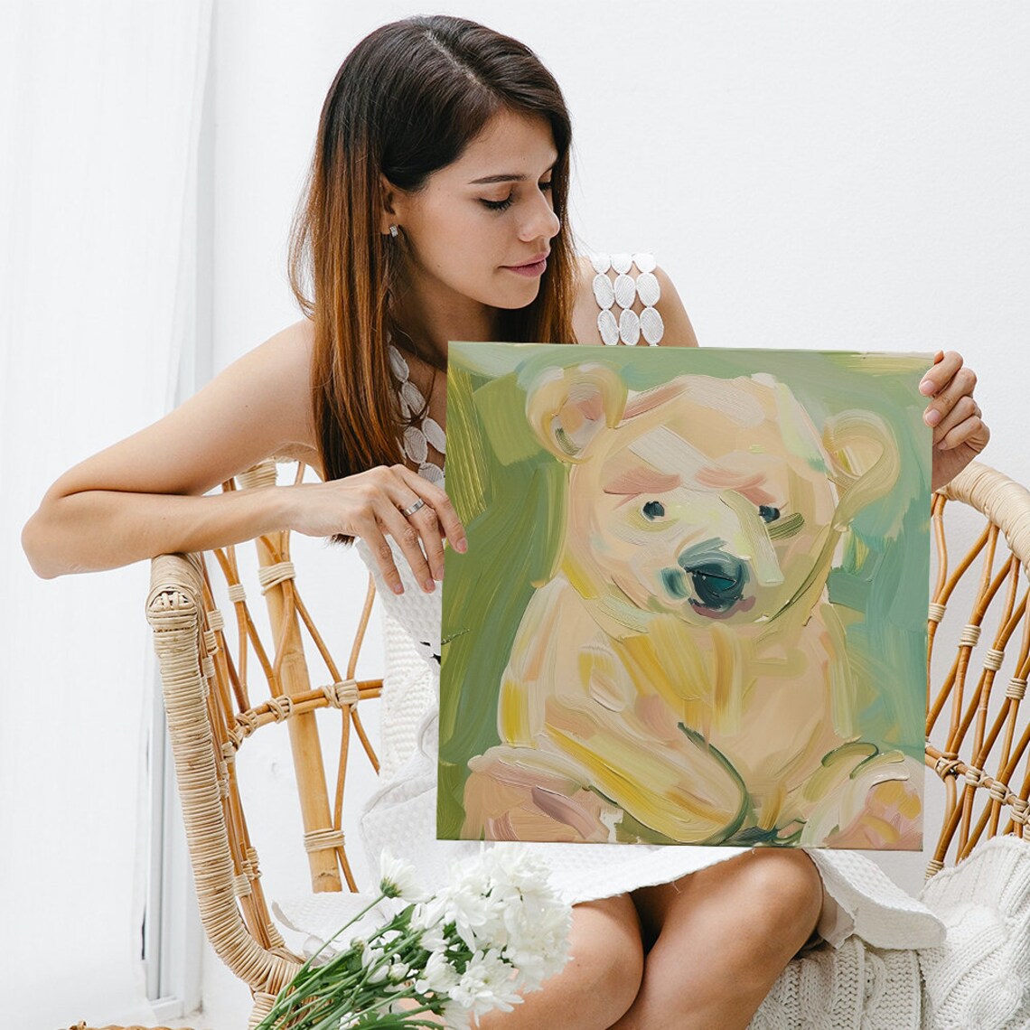 Pastel Polar Bear Cub Soft Painterly Portrait Green Cream Wall Art Poster - Image 3