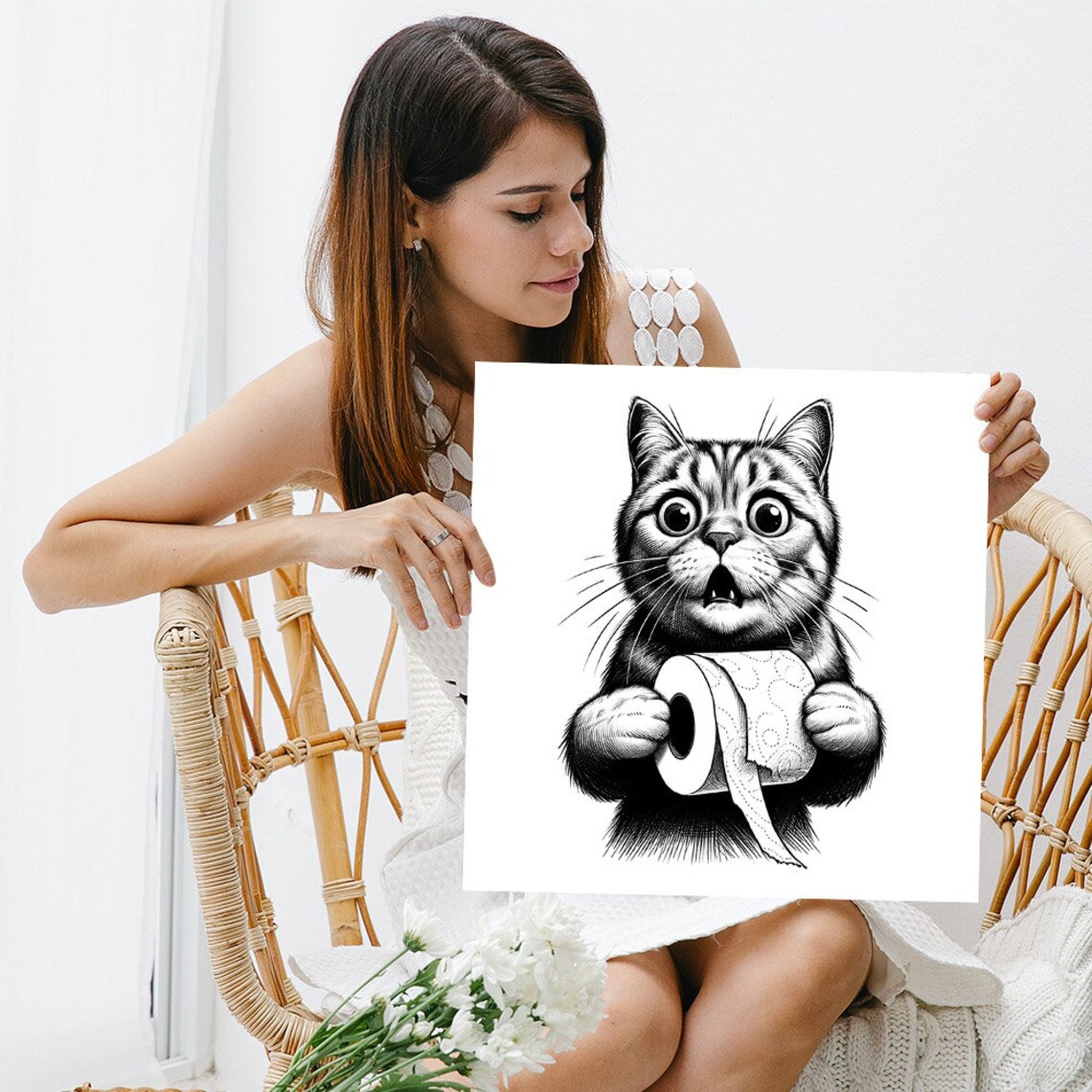 Shocked Cat Toilet Paper Funny Black White Sketch Bathroom Humor Wall Art Poster - Image 5