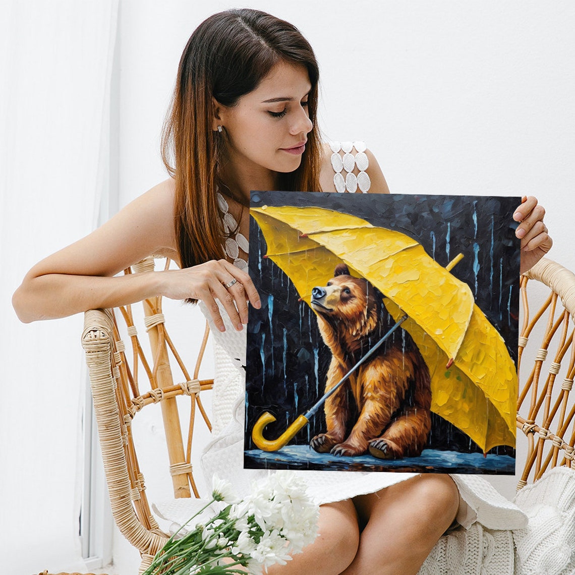 Brown Bear Yellow Umbrella Poster Rainy Day Whimsical Animal Decor - Image 3