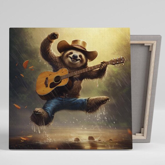 Sloth Cowboy Playing Guitar Dancing In Rain Golden Country Music Poster