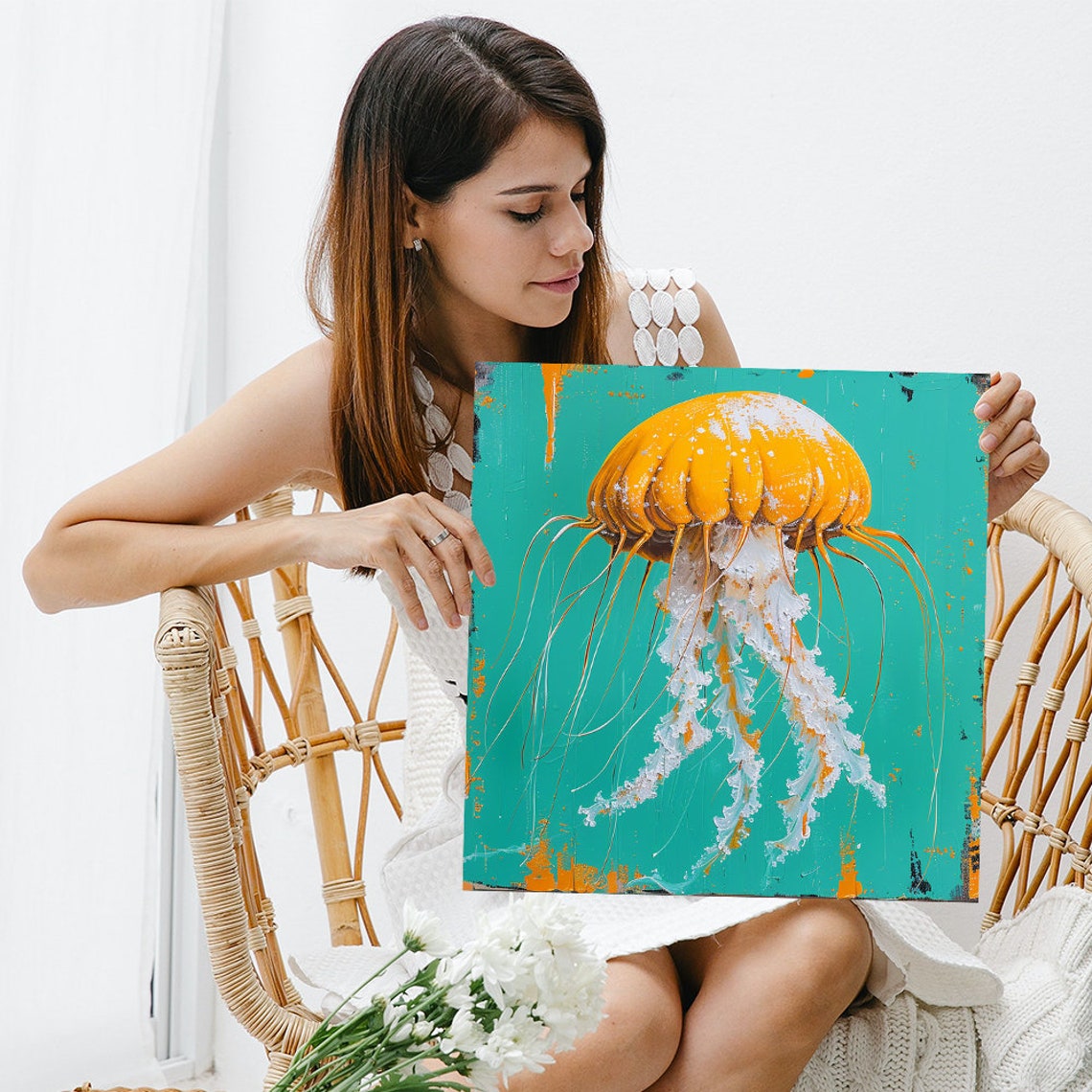 Orange Jellyfish Teal Ocean Art Serene Underwater Nature Wall Poster - Image 3