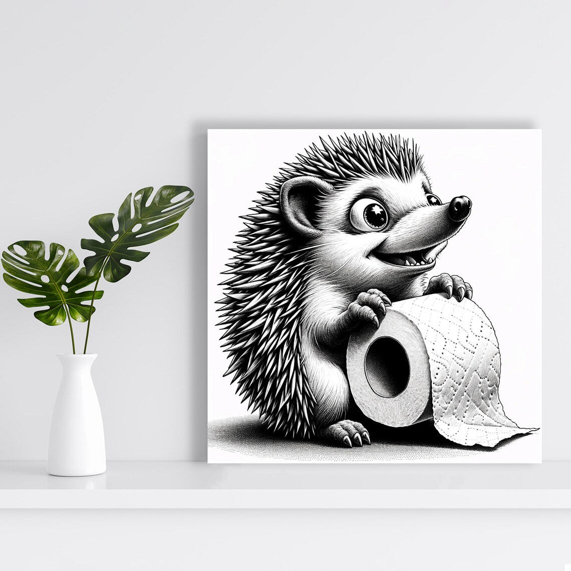 Adorable Hedgehog Holding A Toilet Paper Roll Black And White Cute Wall Poster - Image 4