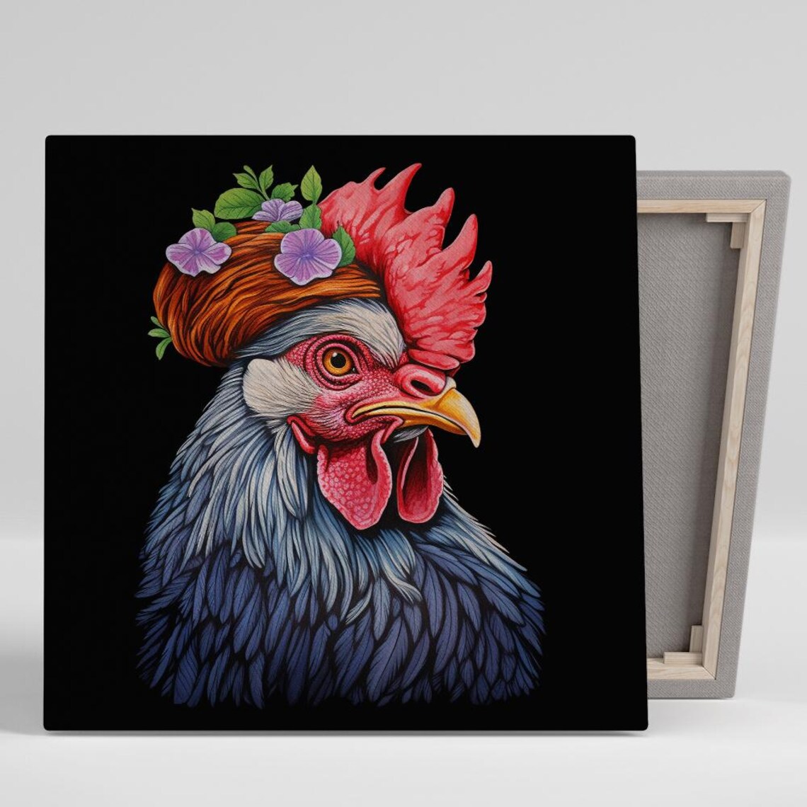 Bohemian Rooster Portrait With Floral Crown On Black Art Poster