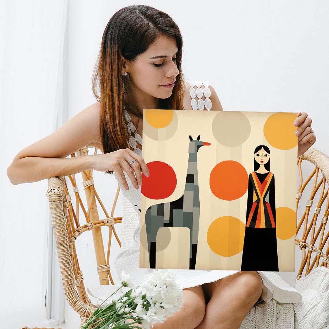 Geometric Woman With Long Necked Animal Warm Sun Circles Art Poster - Image 3