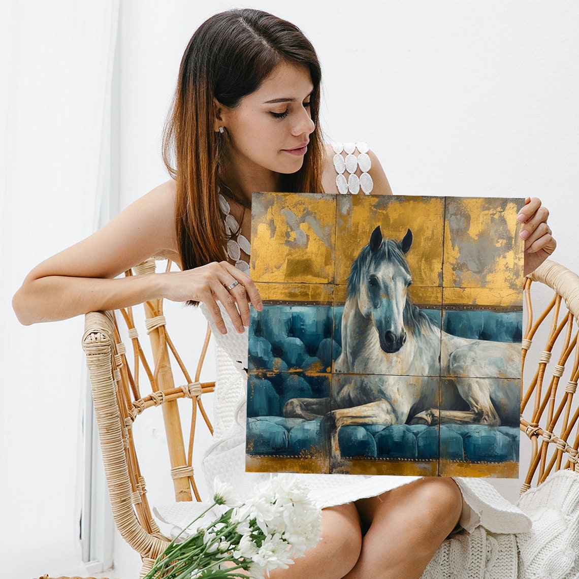 White Horse Resting on Blue Sofa Gold Leaf Rustic Elegant Wall Poster - Image 3