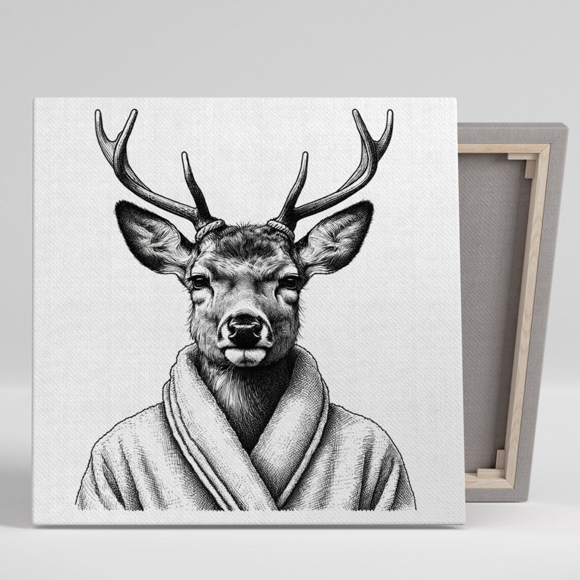 Deer With Antlers Wearing A Bathrobe Black And White Engraving Style Poster