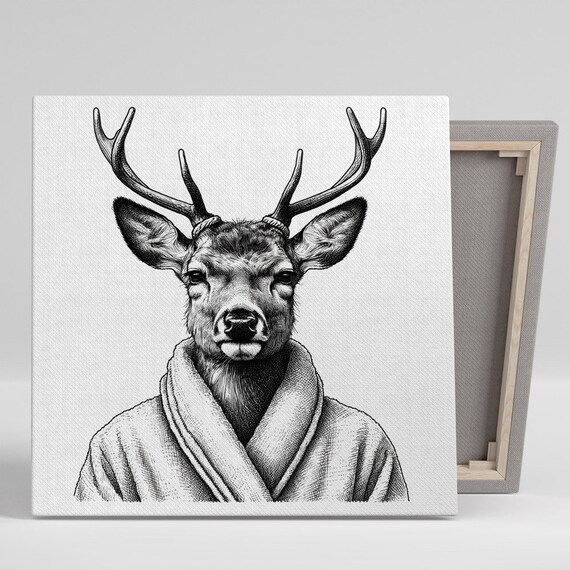 Deer With Antlers Wearing A Bathrobe Black And White Engraving Style Poster